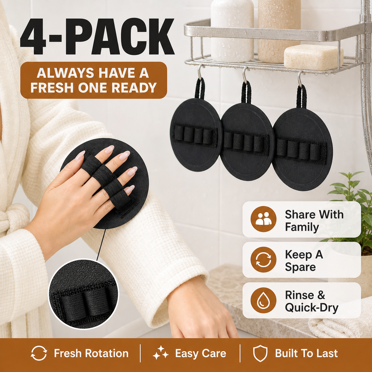 🧽 4-Pack Soft Rubber Shower Scrubber – Gentle Yet Effective, Exfoliates & Cleanses All Skin Types