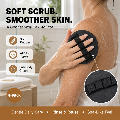 🧽 4-Pack Soft Rubber Shower Scrubber – Gentle Yet Effective, Exfoliates & Cleanses All Skin Types