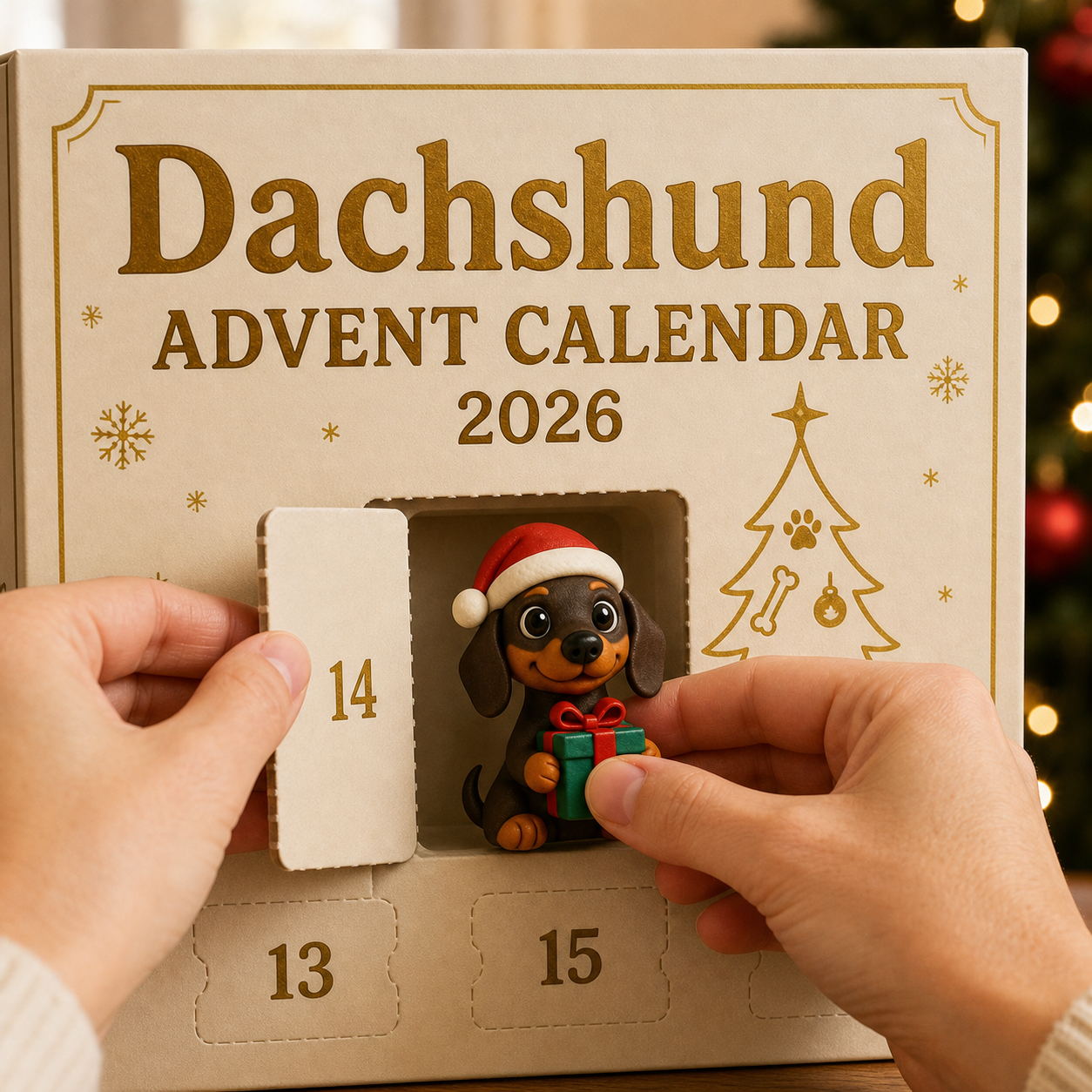 Opening a numbered Dachshund Advent Calendar window and revealing a figure