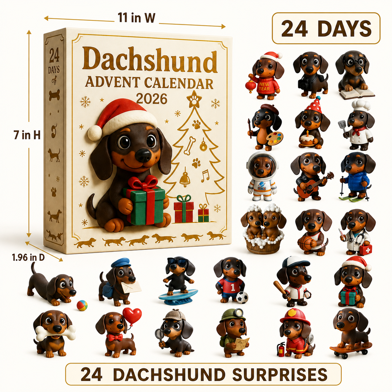 2026 Dachshund Advent Calendar size and 24 included surprises