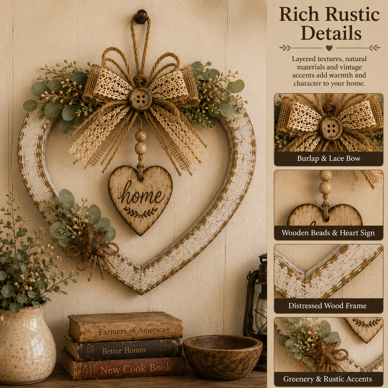 🤎Rustic Farmhouse Heart Wall Decor with “Home” Sign