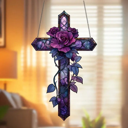 💜Purple Rose Cross Suncatcher Hanging Decor✝️