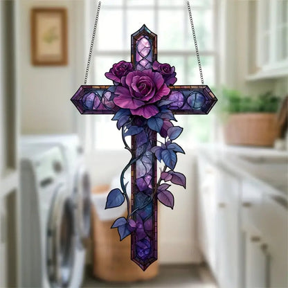 💜Purple Rose Cross Suncatcher Hanging Decor✝️