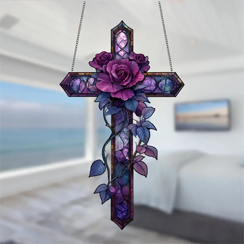 💜Purple Rose Cross Suncatcher Hanging Decor✝️