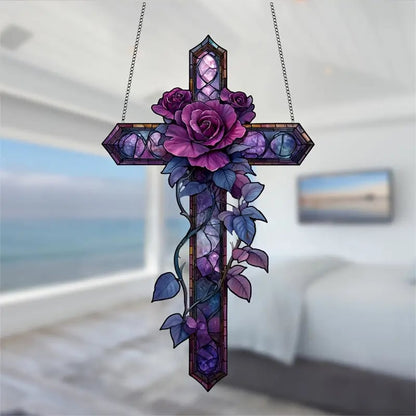 💜Purple Rose Cross Suncatcher Hanging Decor✝️