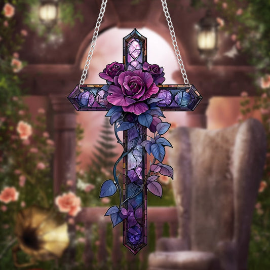 💜Purple Rose Cross Suncatcher Hanging Decor✝