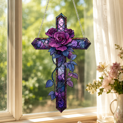 💜Purple Rose Cross Suncatcher Hanging Decor✝️