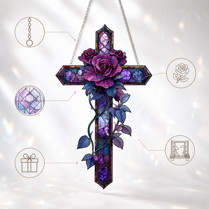 💜Purple Rose Cross Suncatcher Hanging Decor✝️