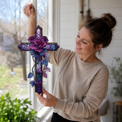 💜Purple Rose Cross Suncatcher Hanging Decor✝️