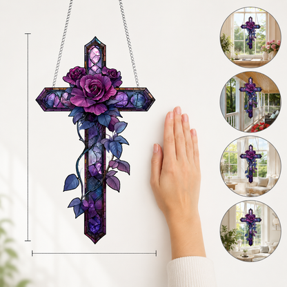 💜Purple Rose Cross Suncatcher Hanging Decor✝️