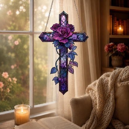 💜Purple Rose Cross Suncatcher Hanging Decor✝️