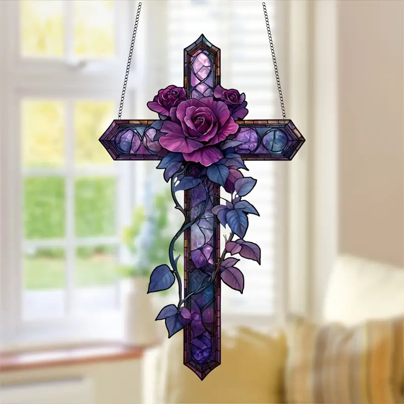💜Purple Rose Cross Suncatcher Hanging Decor✝️