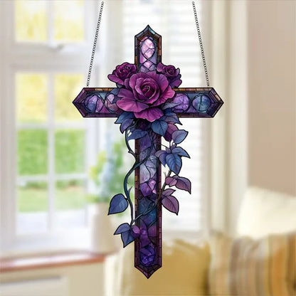 💜Purple Rose Cross Suncatcher Hanging Decor✝️