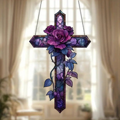 💜Purple Rose Cross Suncatcher Hanging Decor✝️