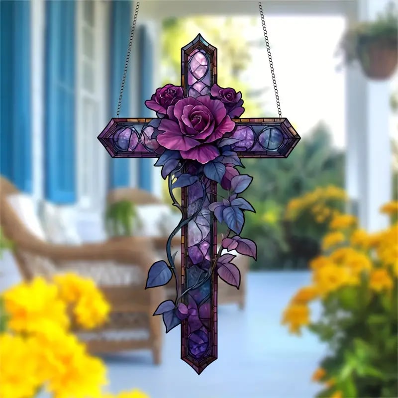 💜Purple Rose Cross Suncatcher Hanging Decor✝️