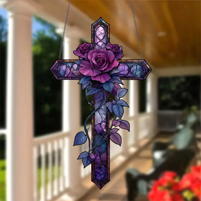 💜Purple Rose Cross Suncatcher Hanging Decor✝️