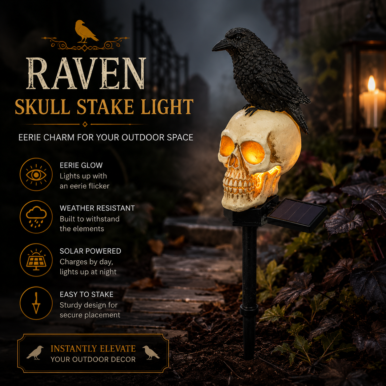 🐦‍⬛Animated Raven Skull Solar Garden Stake💀 | Halloween Outdoor Yard Decor